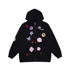 Customizable Street Hip Hop Full Zip Hoodie Boy Embroidered Black Zipper Jacket Sweater with Animal Pattern for Autumn Season