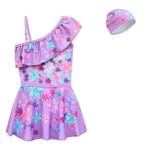 Customizable Summer Floral Cute Girls One Shoulder Swimdress Swimsuit Breathable Quick Dry 100% Polyester for 2-14T