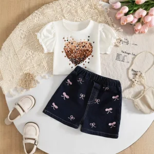 Customizable Summer Girls 2Pcs Outfit Heart Print Top & Floral Denim Hot Pants Fashion Kids Clothing Set