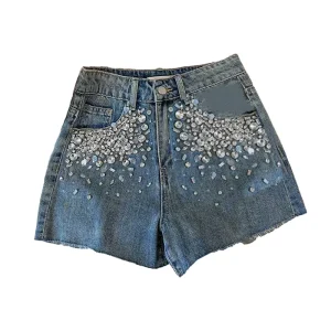 Customizable Summer New Design Denim Ironed Crystal Casual Hot Girls Mid Waist Slimming Kids Shorts