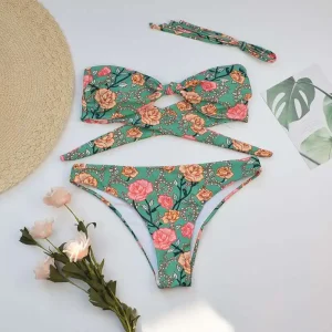 Customization Beachwear Sexy Bikini Fitness Floral Print Push up Strapless 2 Piece Set for Young Girls