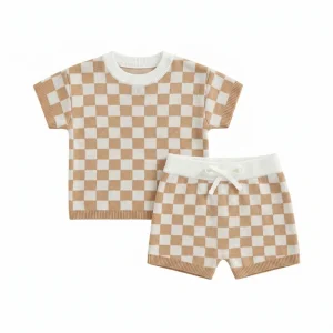 Customization Checkered 100% Cotton Knitted Neutral Baby Sweater Set O-neck Short Sleeve Sweater 2pcs Outfit