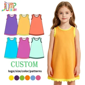 Customization Children Sleeveless Solid Color Scallop Dress Summer Baby Girl Dresses Kids Dress