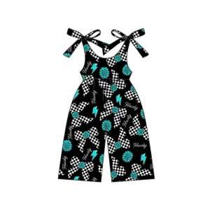 Customization Girls Jumpsuit Strap Checkered Bows Turquoise Jumpsuit 1pcs Outfit Children Boutiques Kids Clothing