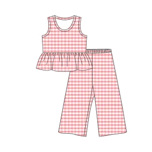 Customization Kids Clothing Baby Girls Sleeveless Pink Gingham Pants Set Outfit Toddler Girl Spring