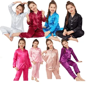 Customize Children’s Pajamas Long Sleeve Girls Sleepwear Turn down Collar Kids Silk Pajamas Kids Clothes with Pocket