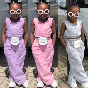 Customize Logo Blank Sleeveless Vest Pants 2Pcs Girls Clothing Set 90 140cm Teenager Girls Clothing Stylish Summer Kids Clothing