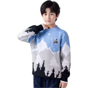 Customized Brand Children’s Christmas Winter Spring Animal Print Breathable O Neck Pullover Sweater 100% Cotton Girls Boys Long