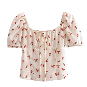 Customized Cute Little Cherry Print Sexy Small Square Collar Lace-up Top Puff Sleeve Crop Top Summer Girls Elegant Clothes Shirt