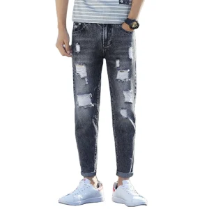 Customized Denim Pants Boys Slim Blue Mens Ripped Jeans