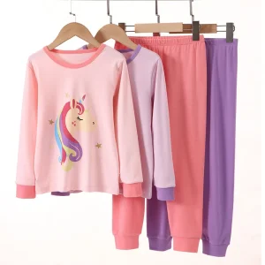Customized Girls Sleepwear Long Sleeve Breathable Cotton Pajamas Unicorn Print Customizable Kids Pajama Sets