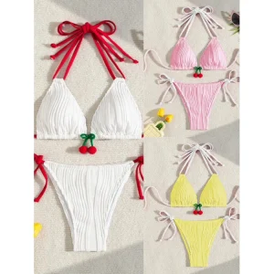 Customized Girls Swimsuit Triangle Cherry Bikini Tie Beach Swimwear