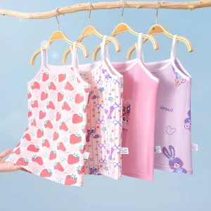 Customized Logo Plain Top Cotton Combed Fabric Thin Suspender Undershirts Child’s Vest Cartoon Kids T Shirt Singlets Girls