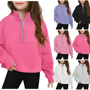 Customized Logo Printed Girls Sports Coat Autumn Children’s Stand Collar Half Zipper Sweater Shirt Breathable Jacket