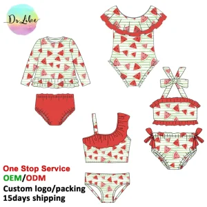 Customized Milk Silk Bow-decorated Watermelon Print Summer Swimsuit Baby Girls Swimwear Kids’ Clothes