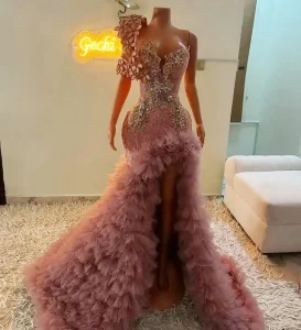 Customized Pink Long Prom Dresses with Side Slit Luxury Mermaid Black Girls 3D Flowers Beaded Rufflues African Evening Gowns