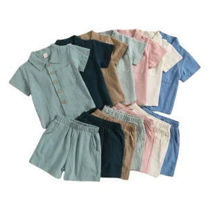 Customized Polo Shirt Set Solid Style Casual Kids Outfit Short Sleeved Lapel Linen Cotton for Baby Boys