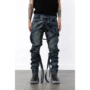 Customized Retro Designer Dark Blue Tie Rope Wear Resistant Boy Stacked Denim Jeans