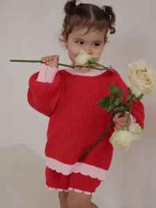 Customized Scallop Top and Short Set Knitted Onesie Knitwear Romper Baby Girls Children Sweater Pants Red Cotton Pullover Suit