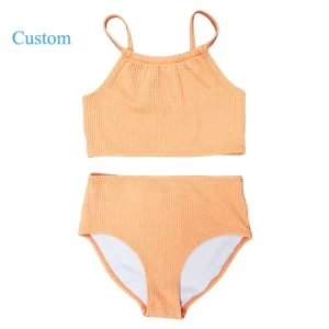 Customized Two Piece Textured Girls Swimwear Beachwear Summer Breathable Solid Ribbed Kids Swimming Bathing Suit