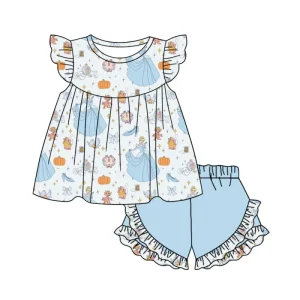 Customized Two Pieces Princess Girls Outfit Flutter Sleeve Kids Clothing Cartoon Print Custom Girls Clothing Sets