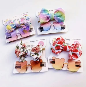 Cute Anti UV Cartoon Flower Sunglasses 2pcs set Kids Photo Props Gift Baby Girls Sunglass Bow Knot Hairband Set Accessories