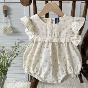 Cute Baby Girls Floral Jumpsuit with Flying Sleeves Comfortable Cotton Crawling Suit Triangular Design Button Closure for