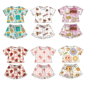 Cute Casual Kids’ Short Sleeve Top Ruffled Shorts Sets Custom Printing Girls Comfortable Summer Bamboo Lace Spandex