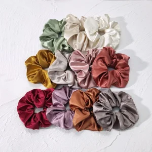 Cute European Satin Silk Rhinestone Scrunchies for Women & Kids Middle Size (11cm) Pink Purple Champagne Hair Decoration