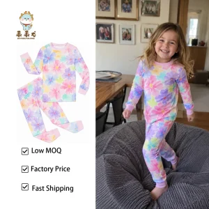 Cute Floral Kids Pajama Set Custom Bamboo Sleepwear for Girls with Soft Ribbed Cuffs for 3-14Y