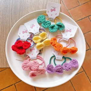 Cute Flowers Woolen Crochet Knitting Bows Elastic Scrunchies Colorful Ponytail Children Elastic Hair Accessories