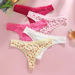 Cute Girl’s Floral Pattern Cotton Thong Low Rise Everyday Style Briefs with Lace Decoration Thin Knitted Panties with Logo Waist