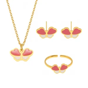 Cute Glazed Girl Princess Pendant Necklace Bracelet Stud Earrings Set For Kids Stainless Steel