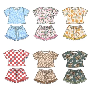 Cute Kids’ Short-Sleeve Top & Ruffled Shorts Sets Custom Printing Girls Comfortable Summer Stylish Bamboo Clothing