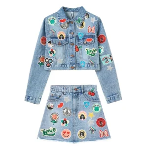 Cute Little Girl 2 Piece Denim Set Embroidered Patches Kids Denim Sets