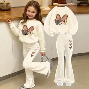 Cute Little Girls Heart Patterned Sweatshirt Top and Flared Pants Set Spring Fall Kid’s Fashion Clothing Outfit Made-to-order