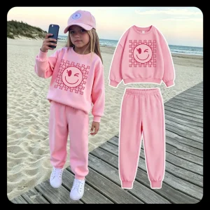 Cute Little Girls Printed Long Sleeve Sweatshirt and Sweatpants Set Kids Pink Casual Outfit Autumn Winter Daily Wear