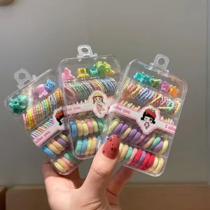 Cute Mini Elastic Hair Bands and Hair Claw Clips Set New Style Fabric Hair Accessories Box for Girls Kids