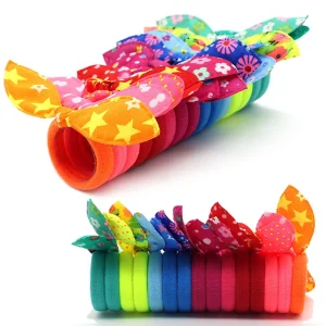 Cute Rabbit Ear Hair Ties for Girls Colorful Bow Ponytail Holders Kids Elastic Headbands Soft Fabric Hair Accessories Set