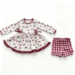 Cute Rainbow Print Two Piece Set 2 5 Years Tie Bow Daily Wear Cotton Girls Clothing Set