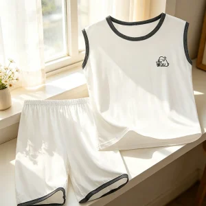 Cute Sleeveless Suitable for Children Modal Solid Color Crew Neck Vest Set Summer Casual Breathable Unisex Homewear Set
