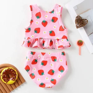 Cute Strawberry & Floral Print Girls Swimwear One Piece Sling Swimsuit for Children for Swimming