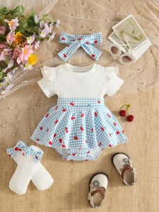 Cute Summer Baby Girls Cotton Breathable Flying Sleeve Short Sleeve Skirt Socks Headdress Three Piece Clothing