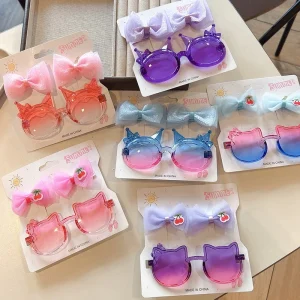 Cute Summer Sunglasses Shape Hair Clips Set With Bow Cherry Decor Kids Hair Accessories for Baby Girls