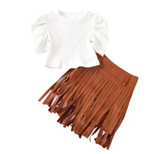 Cute Toddler Baby Girl Clothes Sets White Puff Tops T Shirt Brown Tassel Skirt Girls Outfit Kids Fashion Tassel Clothes Set