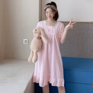 Cute Women’s Summer Pajamas Set Polyester Nightdress with Lace Cartoon Long Sleeves Sleepwear for Girls