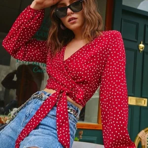 Cute Young Girls T shirt Long Puff Sleeve Top Women Clothing Backless Crop Top Ruffle Polka Dot Wrap Tie Crop Blouse