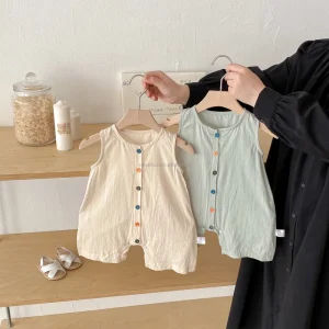 D1876 New Baby Girls Summer Sleeveless Conjoined Vest 100% Cotton Color Buttons Casual Clothes