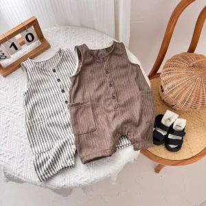 D2346 Summer Korean Style Sleeveless Casual Jumpsuit Rompers for Boys Girls Button Closure Solid Design Outfit