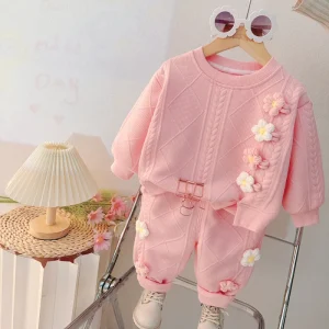 D370Girls Korean-style Cotton Two-color Small Flower Baby Spring Autumn Two-Piece Children’s Clothing Set